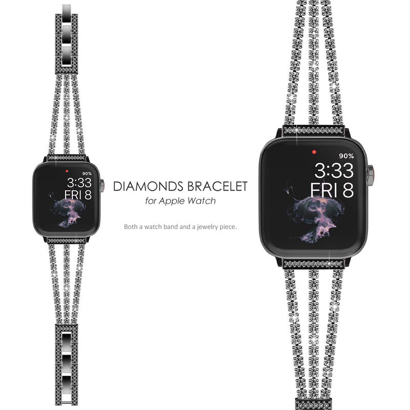 NewWays Compatible for Apple Watch Band 46mm Series 11 10 9 8 7 45mm 44mm SE Series 6 5 4 3 42mm(Series3), Sparkling Bling Diamonds Bracelet for iWatch Band Womens, Black - Image 2